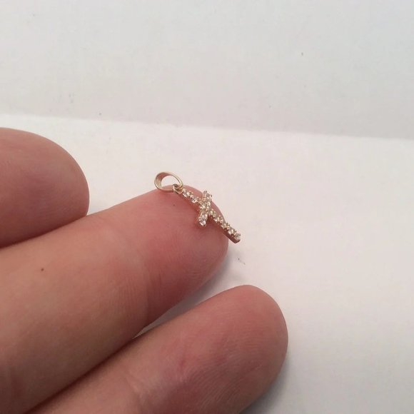 14K Real Yellow Gold Very small Cross Charm Pendant Cubic Zirconia Baby Children - Picture 6 of 7